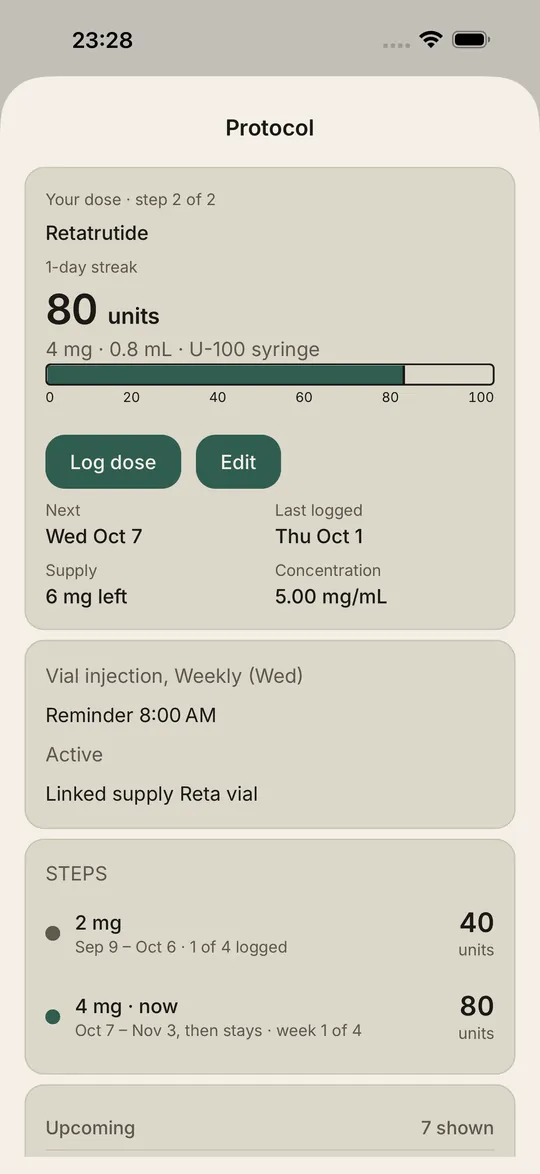 Protocol screen with the current dose, two titration steps and the upcoming schedule