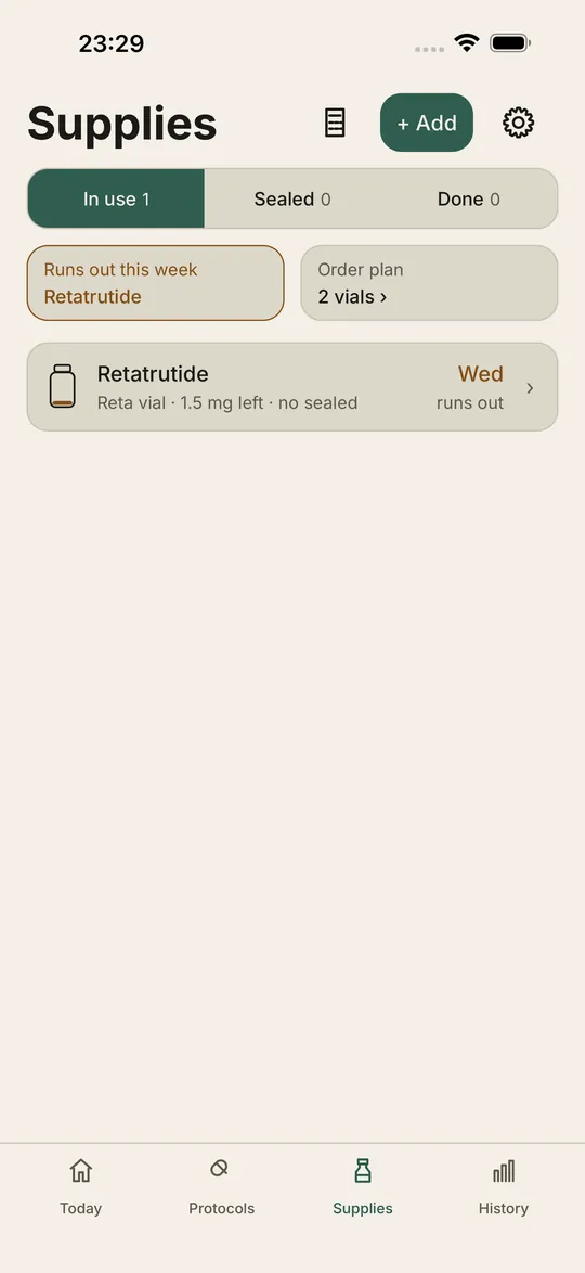Vialist Supplies tab: Retatrutide vial with 1.5 mg left and a runs-out day, plus an order plan chip